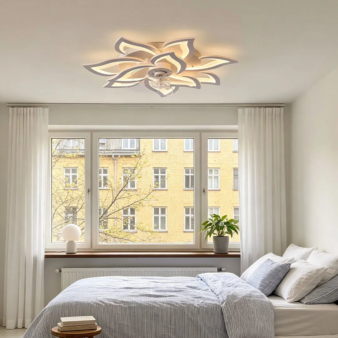 Decorative Ceiling Fan with Light, Nordic Line-Art LED Fixture for Bedrooms and Living Rooms, Stepless Dimming in Five Artistic Styles