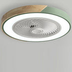 Bladeless flush mount ceiling fan with a green trim ring
