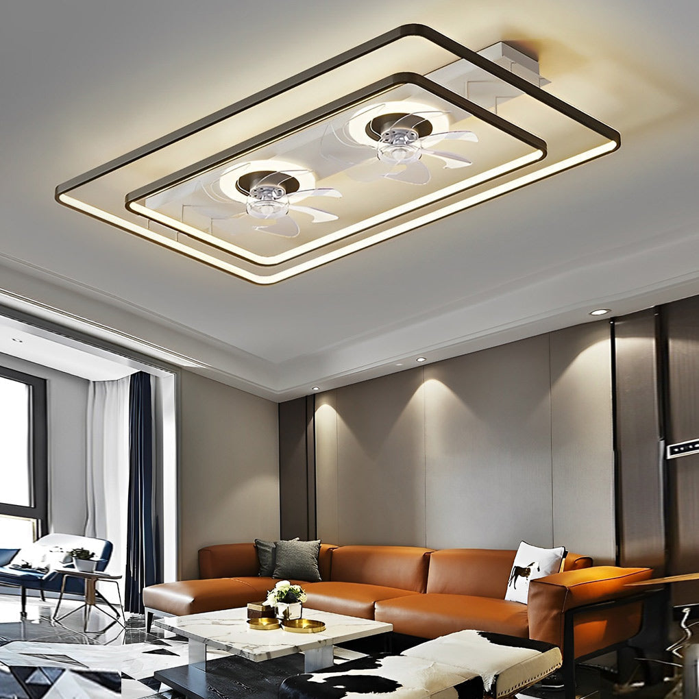 Dual Head Ceiling Fan with Light, Rectangular LED Transparent Blade Fan Lamp for Living and Dining Rooms, Black or Gold