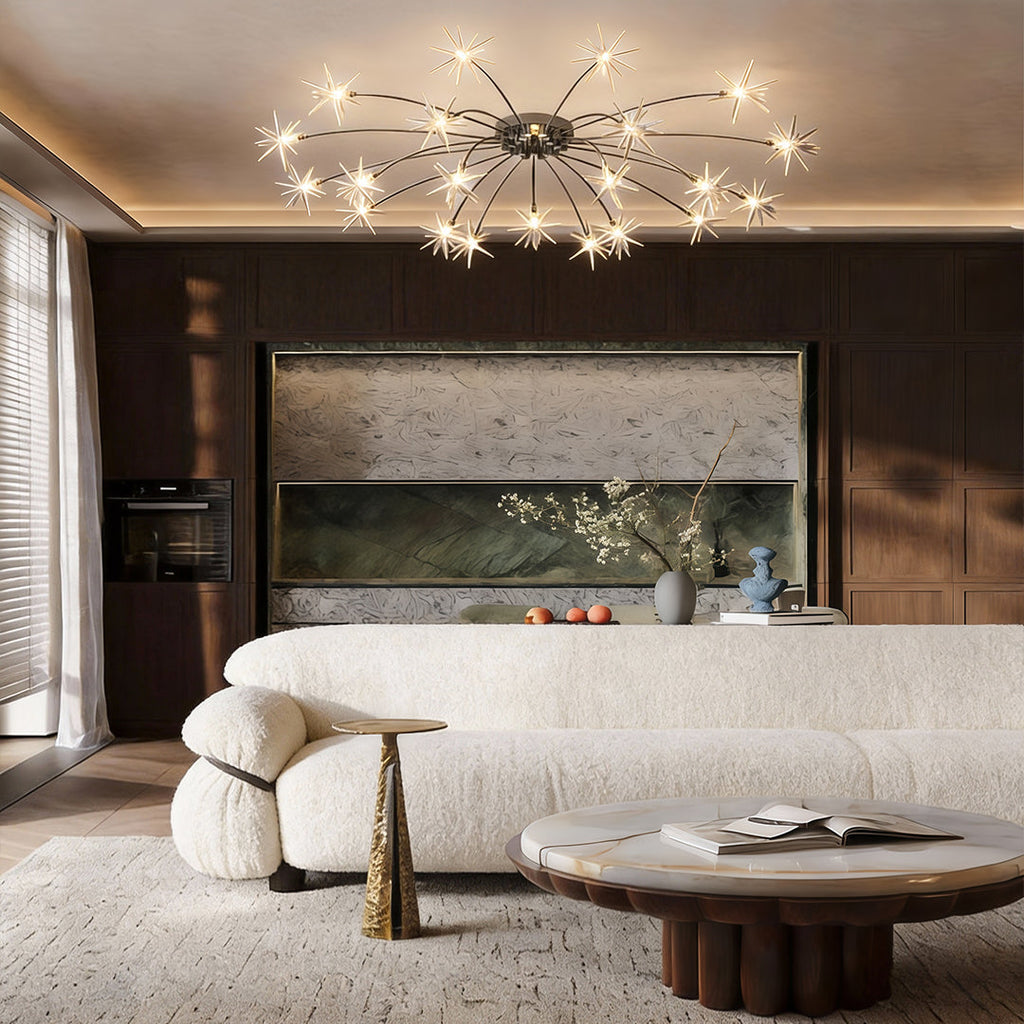 Starburst flush mount giving a warm ambient glow in a living room