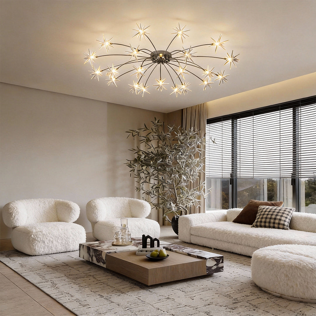 Starburst light above a stylish sofa, alternative view
