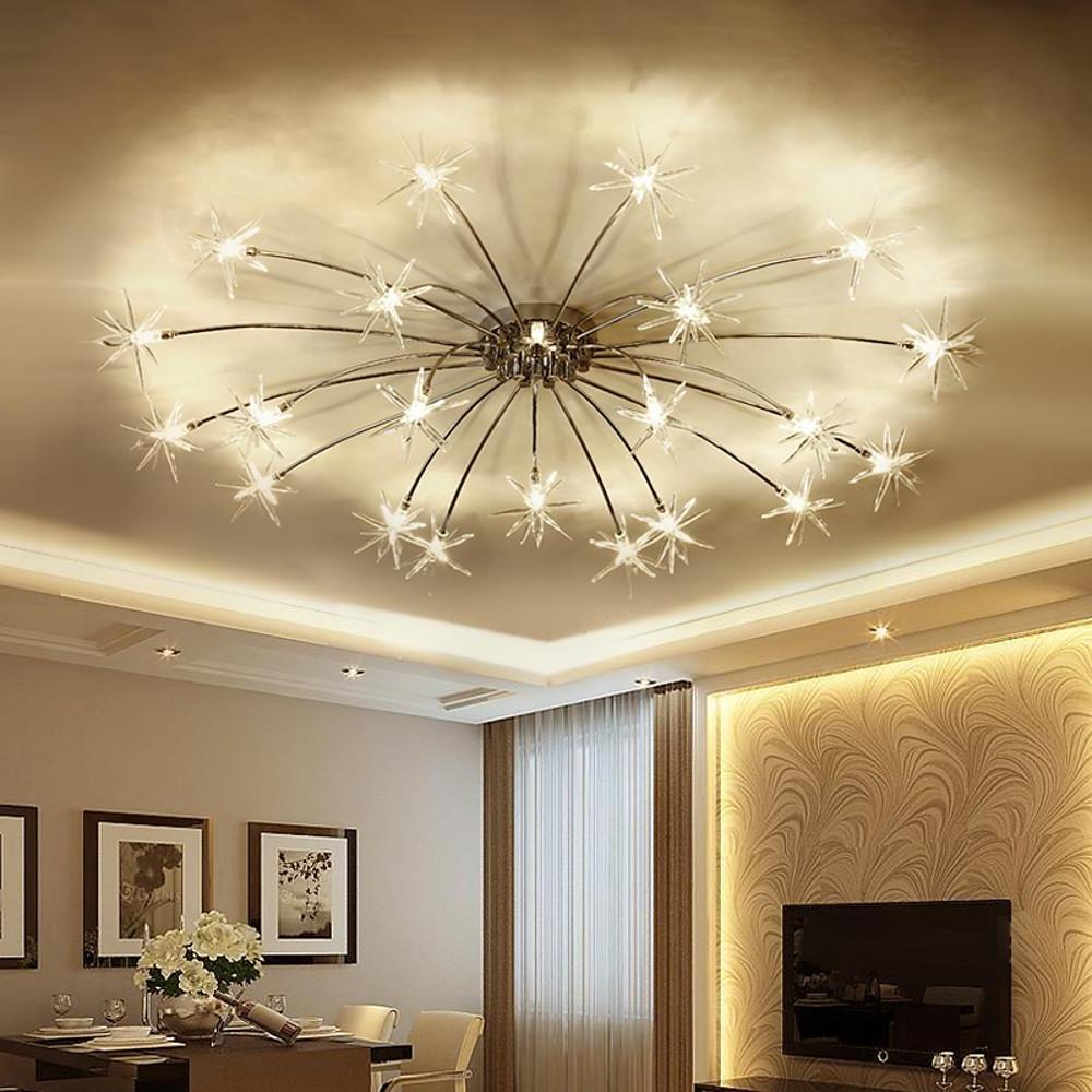 Starburst flush mount softly lighting a stylish sofa setup