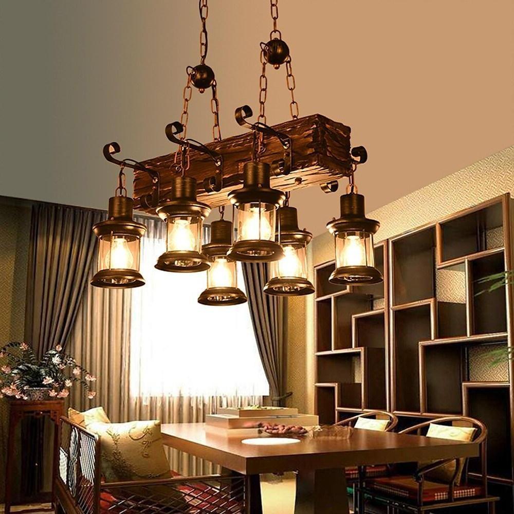 Lantern Chandelier, Wood and Glass 6-Light Farmhouse Ceiling Light for Dining Room, Antique Brass