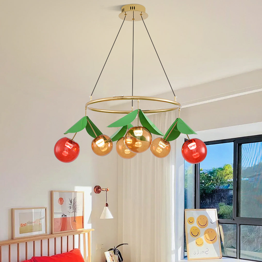 Fruit themed cherry chandelier hanging in a children's room