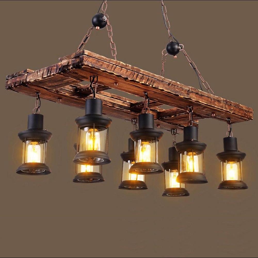Linear Lantern Chandelier, Wood and Glass 8-Light Ceiling Light for Dining Room, 37 Inches Wide