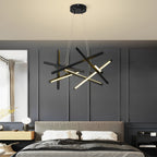 Black geometric ceiling light installed in a bedroom