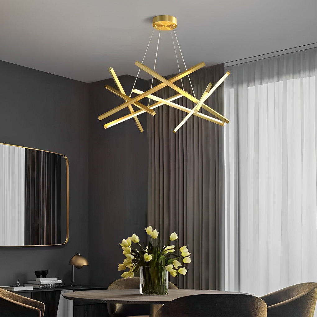 Gold linear geometric ceiling light in a living room
