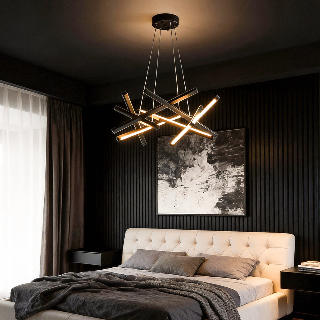 Geometric ceiling light installed in a modern bedroom