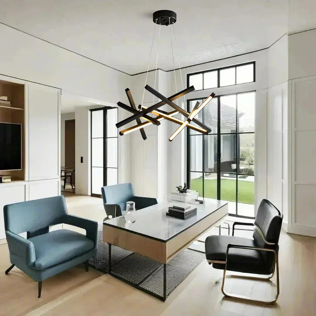 Black and gold geometric ceiling light in an office