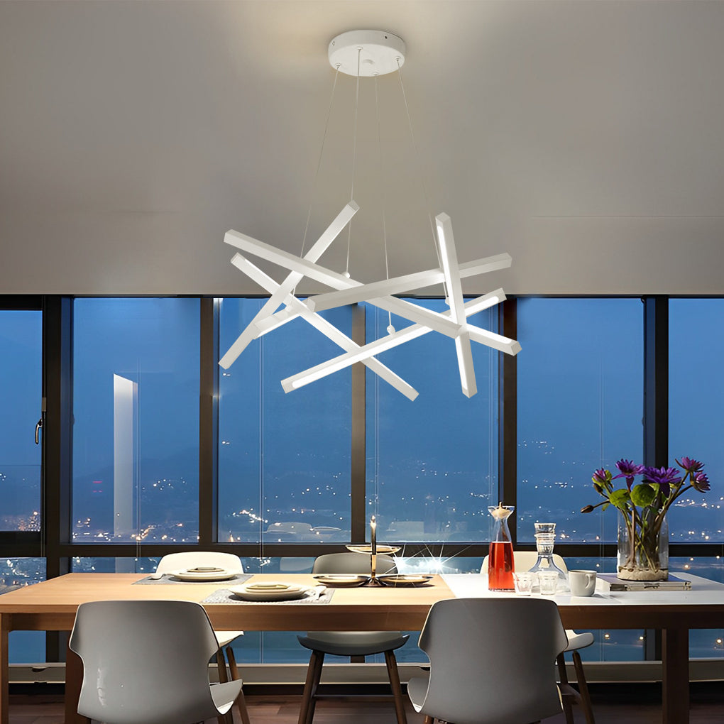 White geometric ceiling light in a dining room