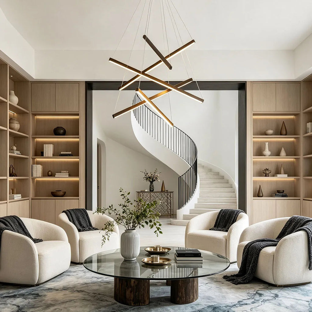 Linear Chandelier, Modern Criss-Cross Black Iron and Aluminum LED Ceiling Light for Dining Room and Living Space, 3 to 9 Lights