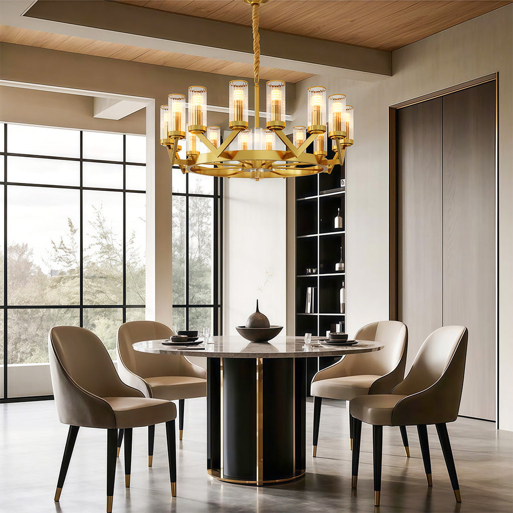 Glass drop chandelier in a bright dining room with large windows