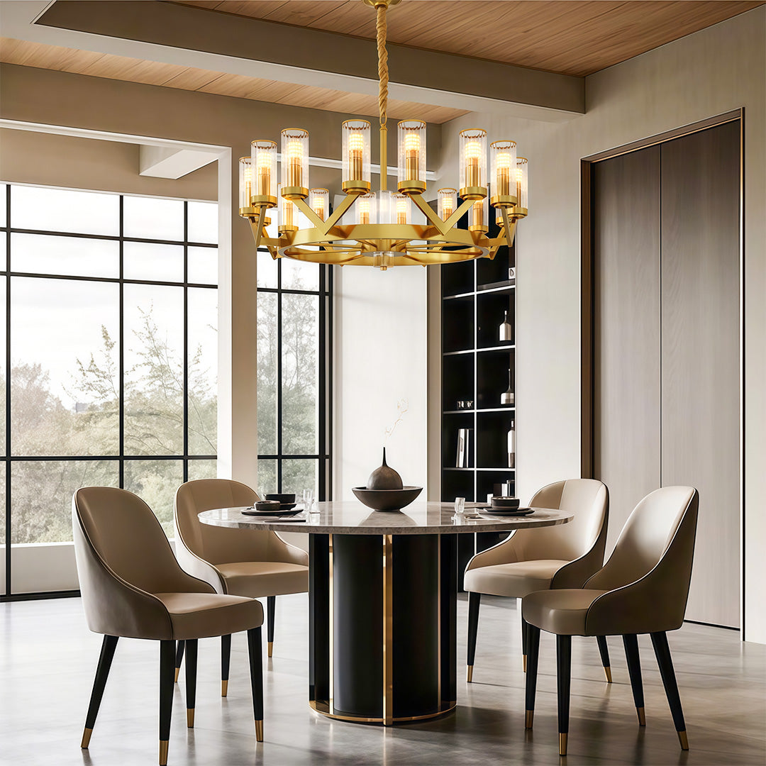 Glass drop chandelier in a bright dining room with large windows