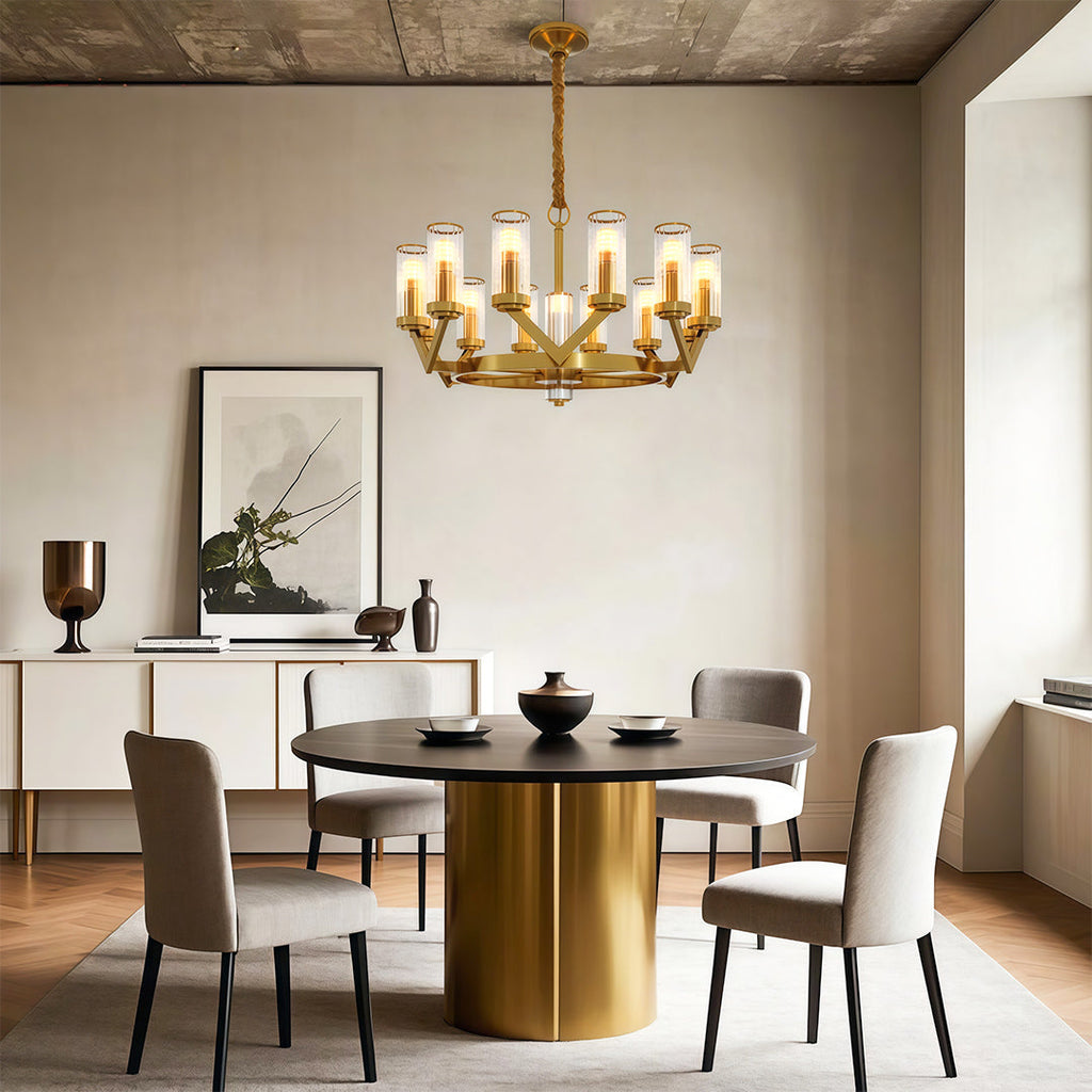 Contemporary cylindrical brass and glass drop chandelier