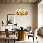 Contemporary cylindrical brass and glass drop chandelier