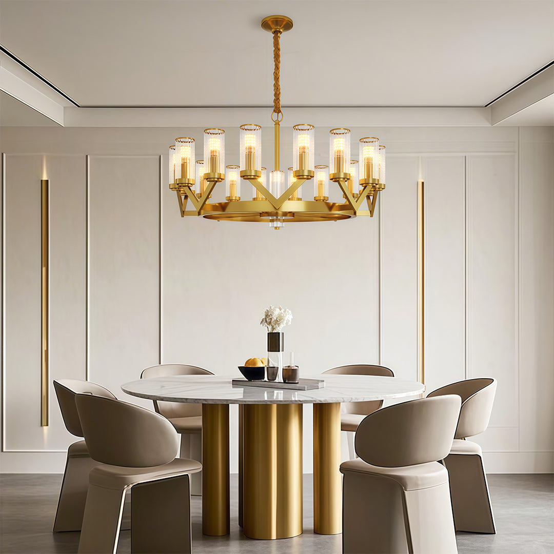 Glass drop chandelier above a fluted dining table