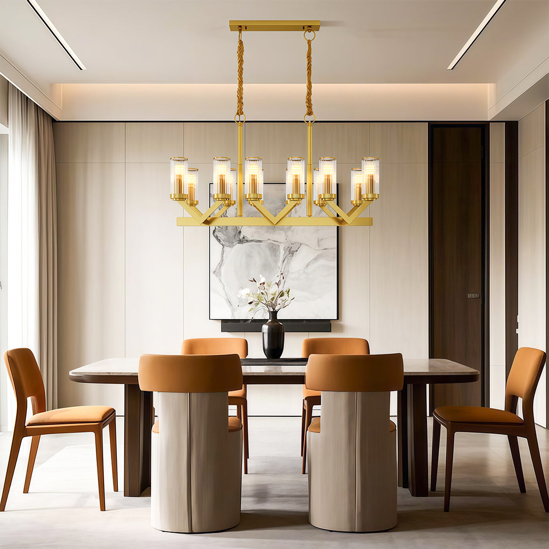 Glass drop chandelier with sophisticated brass accents