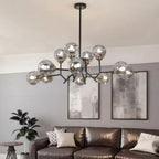 Glass globe chandelier giving warm light in a cozy living room