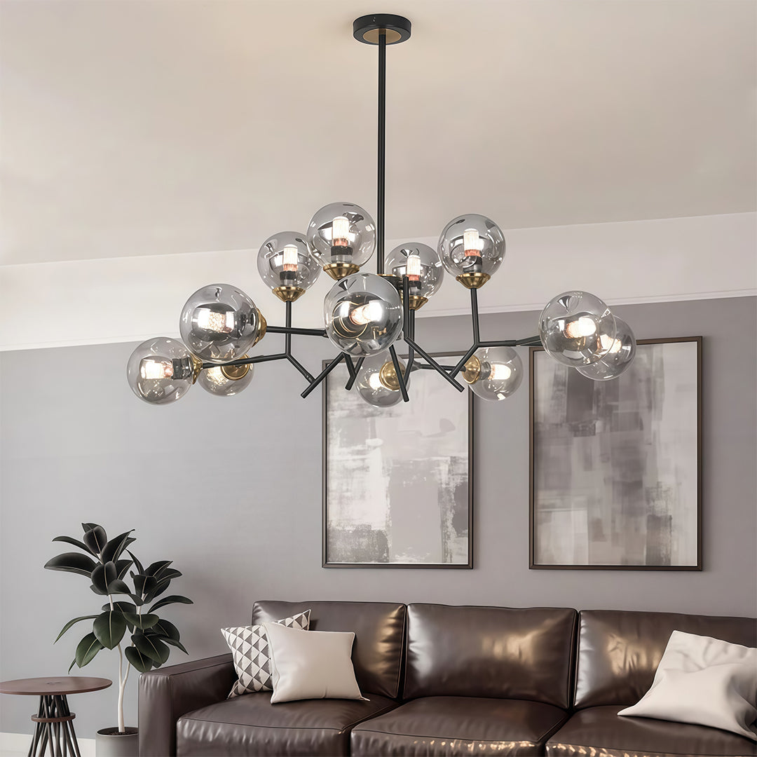 Glass globe chandelier giving warm light in a cozy living room