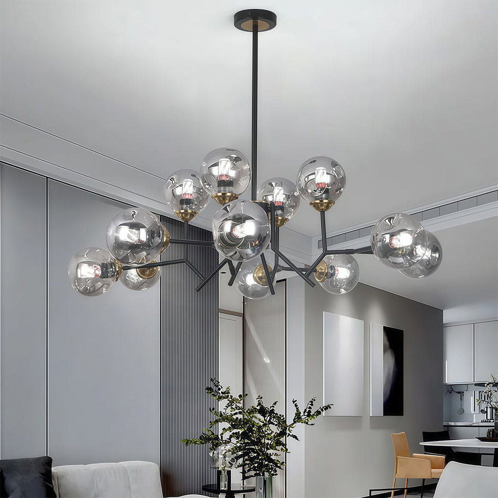 Glass globe chandelier hanging in a modern living room