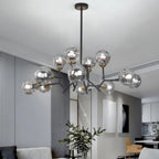 Glass globe chandelier hanging in a modern living room