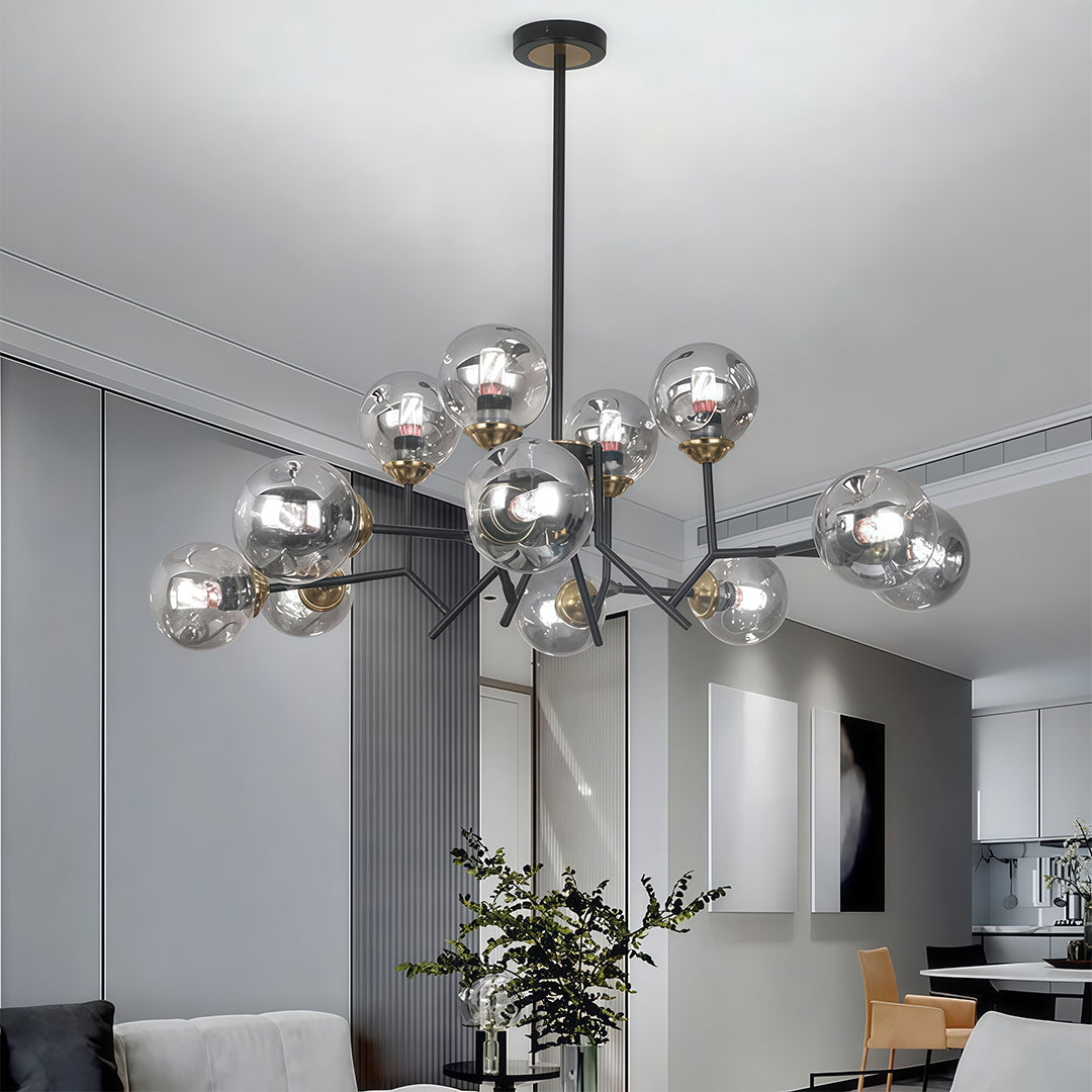 Glass globe chandelier hanging in a modern living room