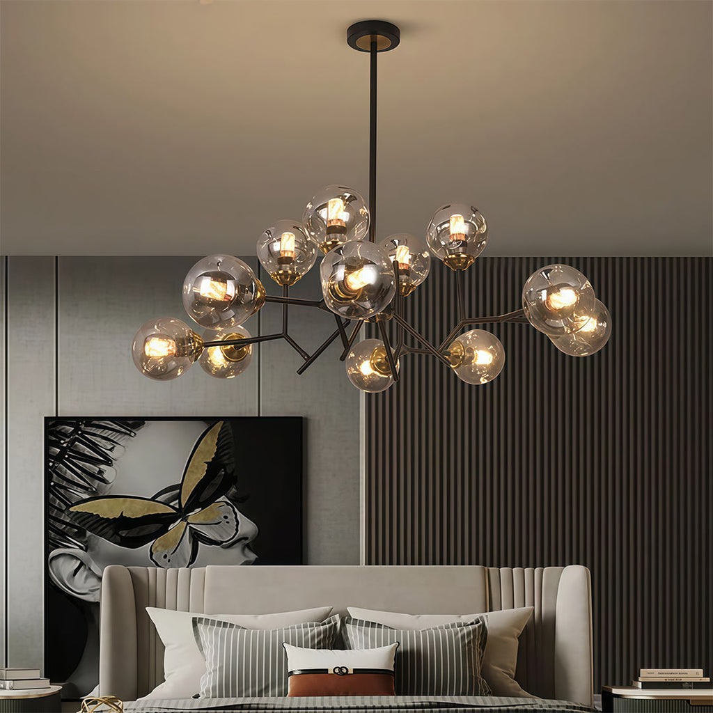 Glass globe chandelier hanging in an elegant modern home