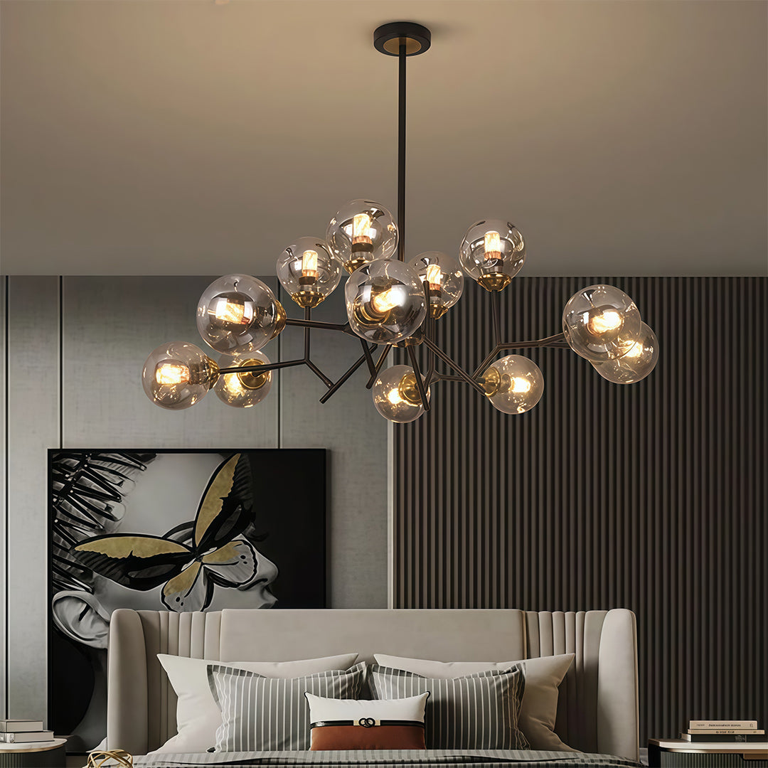 Glass globe chandelier hanging in an elegant modern home