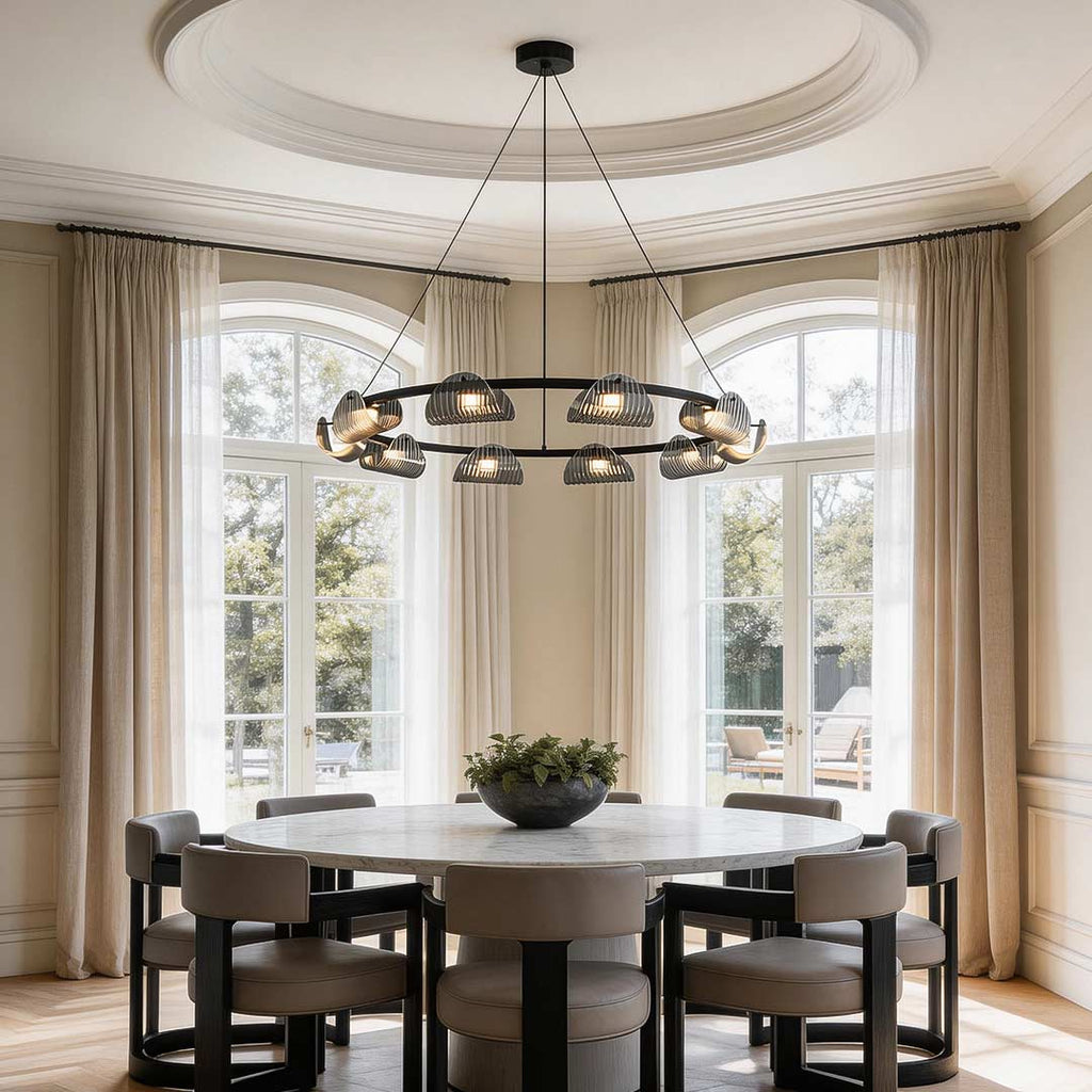 Glass ring chandelier in a sleek contemporary dining room