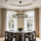 Glass ring chandelier in a sleek contemporary dining room