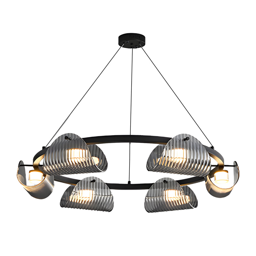 Sleek metal glass ring chandelier in a contemporary dining room