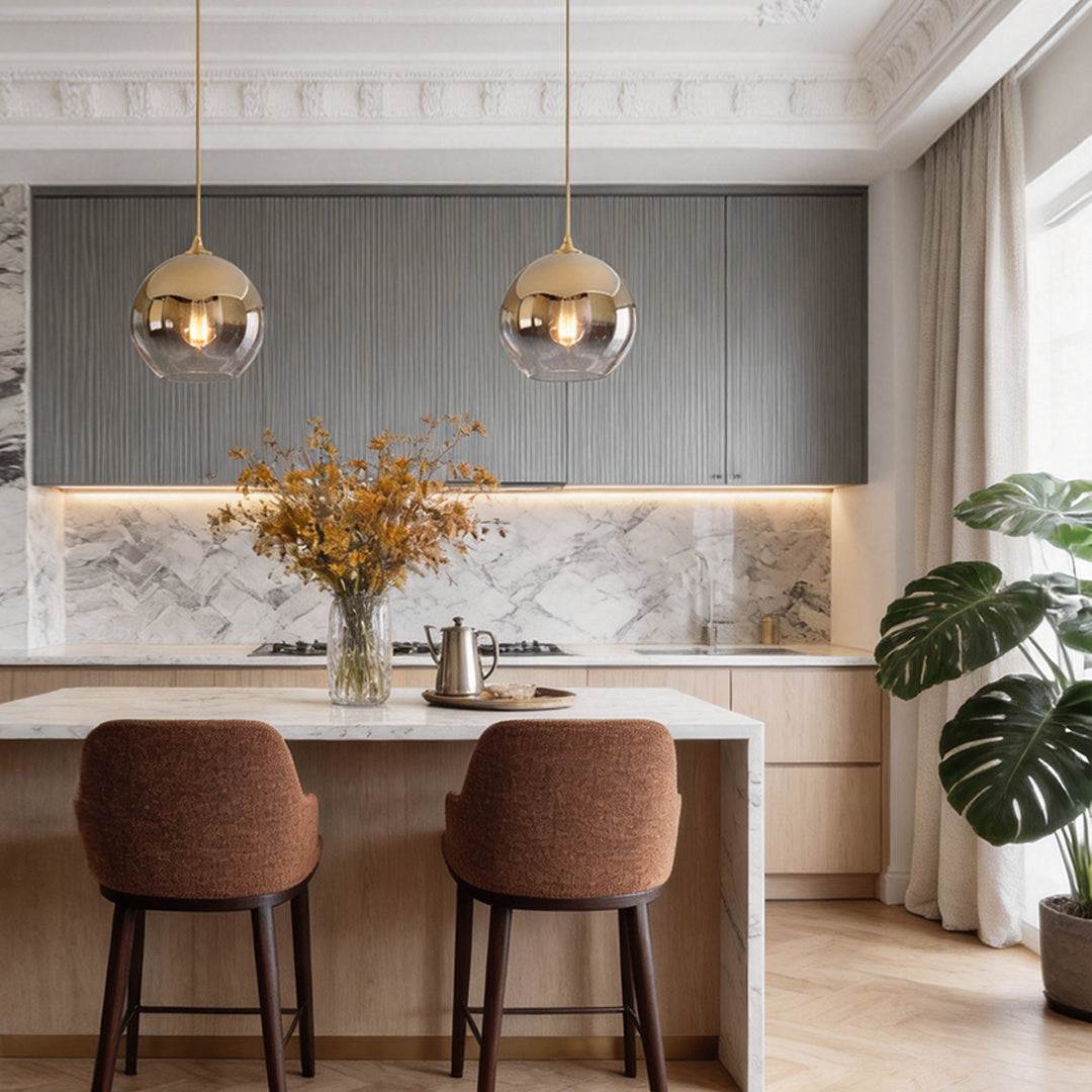 Glass Globe Pendant Light, Minimalist Single-Ball Ceiling Fixture for Kitchens and Bedside Corners, Gold or Silver Detail