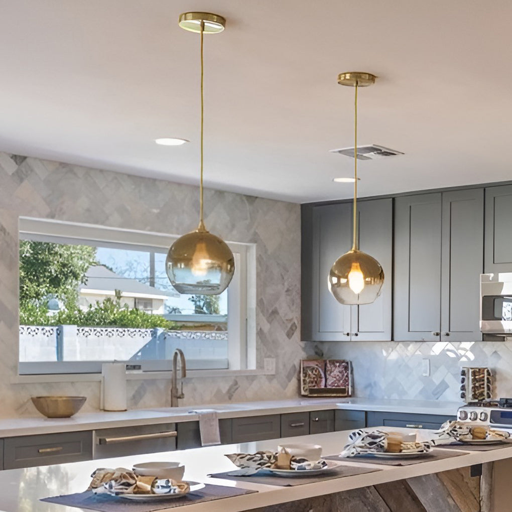 Glass Globe Pendant Light, Minimalist Single-Ball Ceiling Fixture for Kitchens and Bedside Corners, Gold or Silver Detail