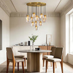 Glass semi flush light above a contemporary dining space