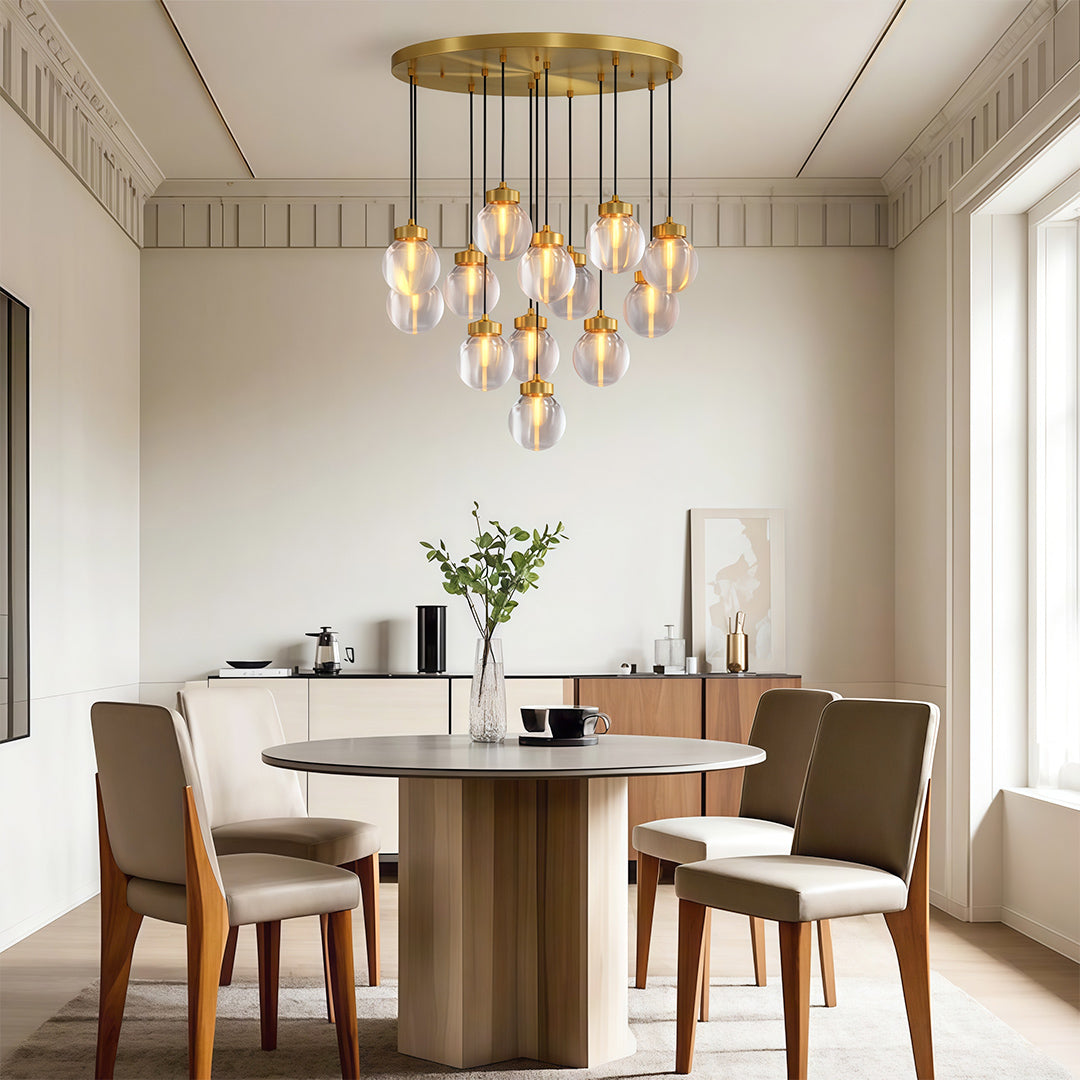 Glass semi flush light above a contemporary dining space