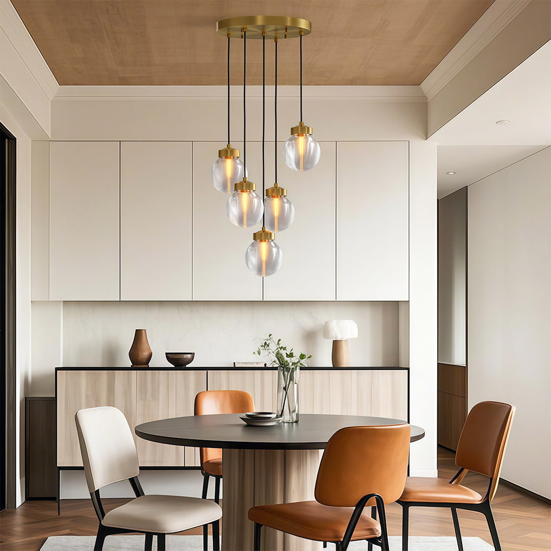 Glass semi flush light hanging in a bright dining room