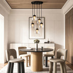 Glass semi flush light above a contemporary wooden dining table