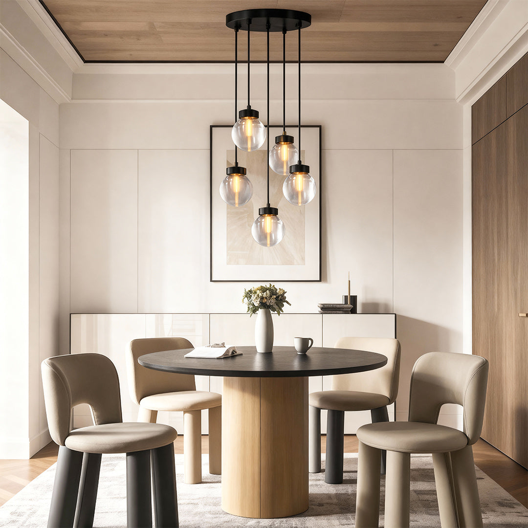 Glass semi flush light above a contemporary wooden dining table