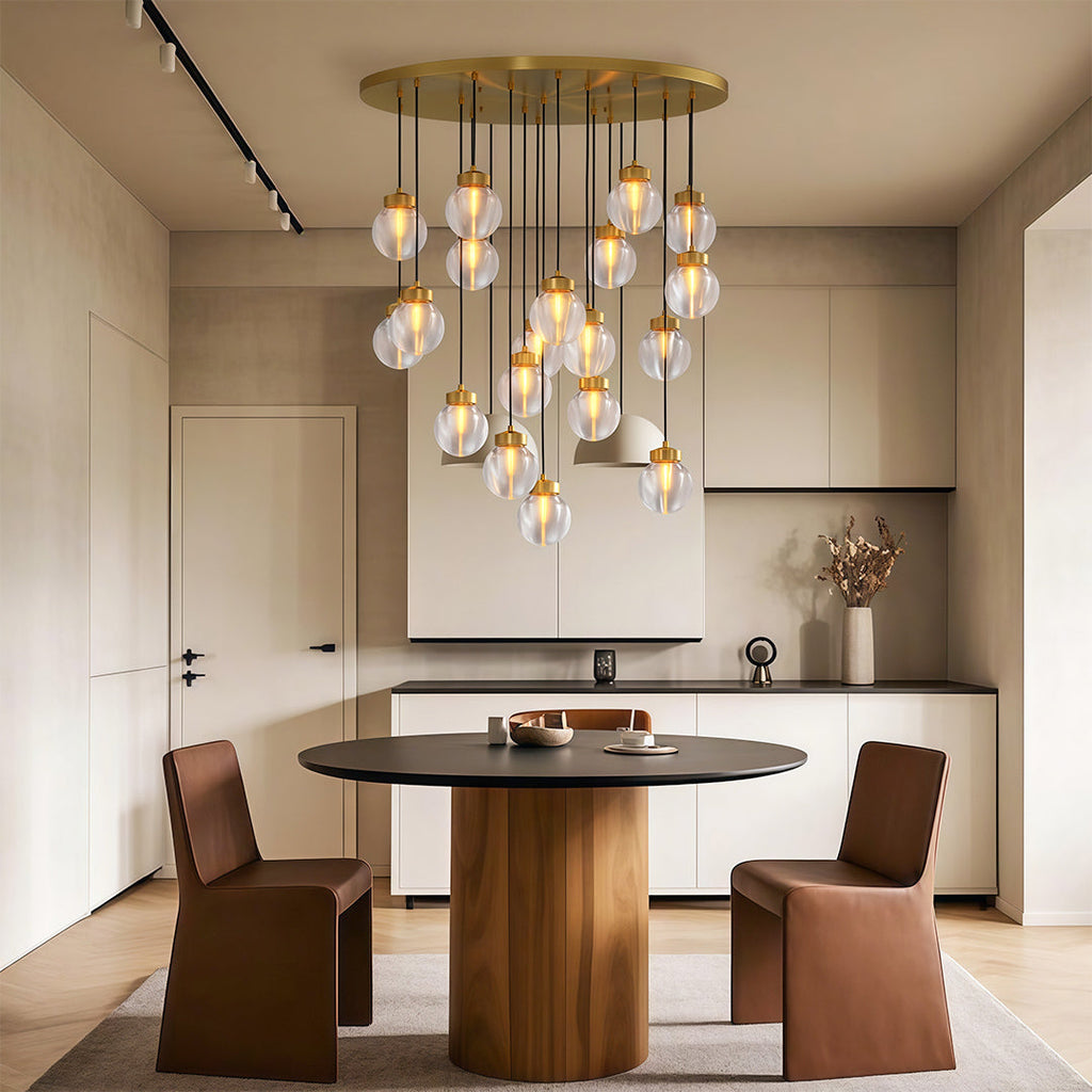 Glass semi flush light above an elegant table with brown chairs
