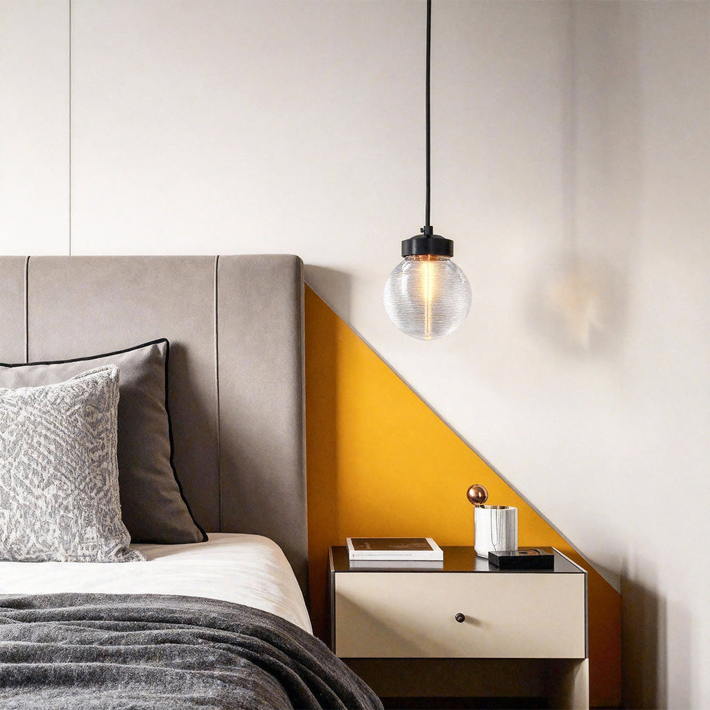 Glass semi flush light in a modern bedroom with yellow accents