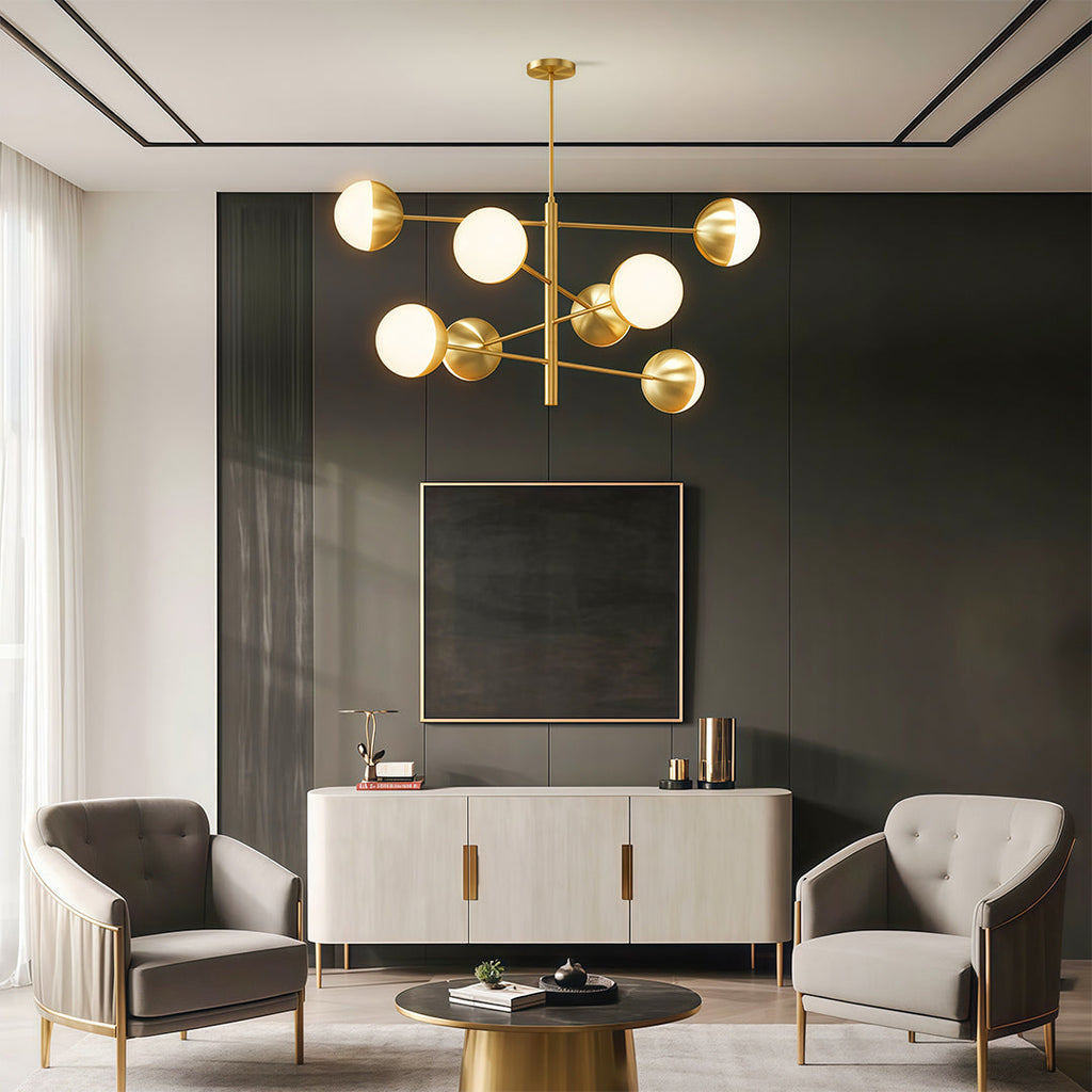 Globe chandelier in a contemporary living room with dark accents