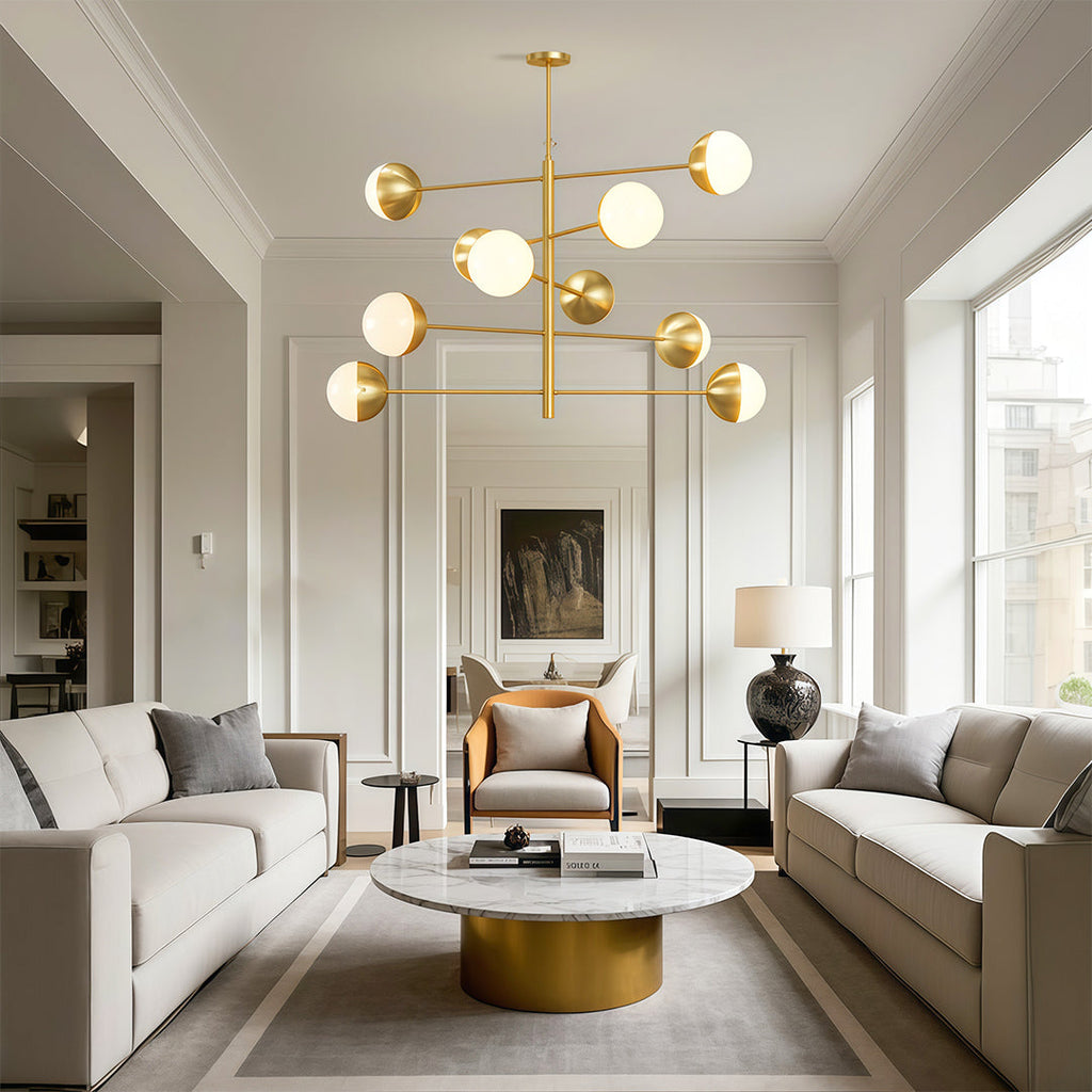 Globe chandelier in a living room with modern furniture