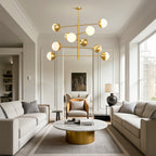 Globe chandelier in a living room with modern furniture