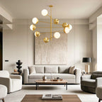 Globe chandelier in a minimalist living room in neutral tones