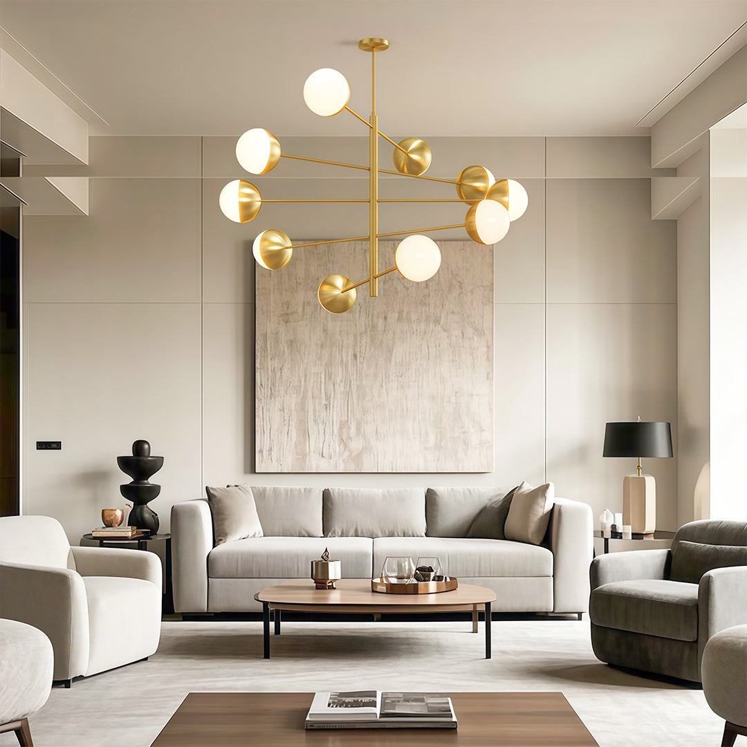 Globe chandelier in a minimalist living room in neutral tones