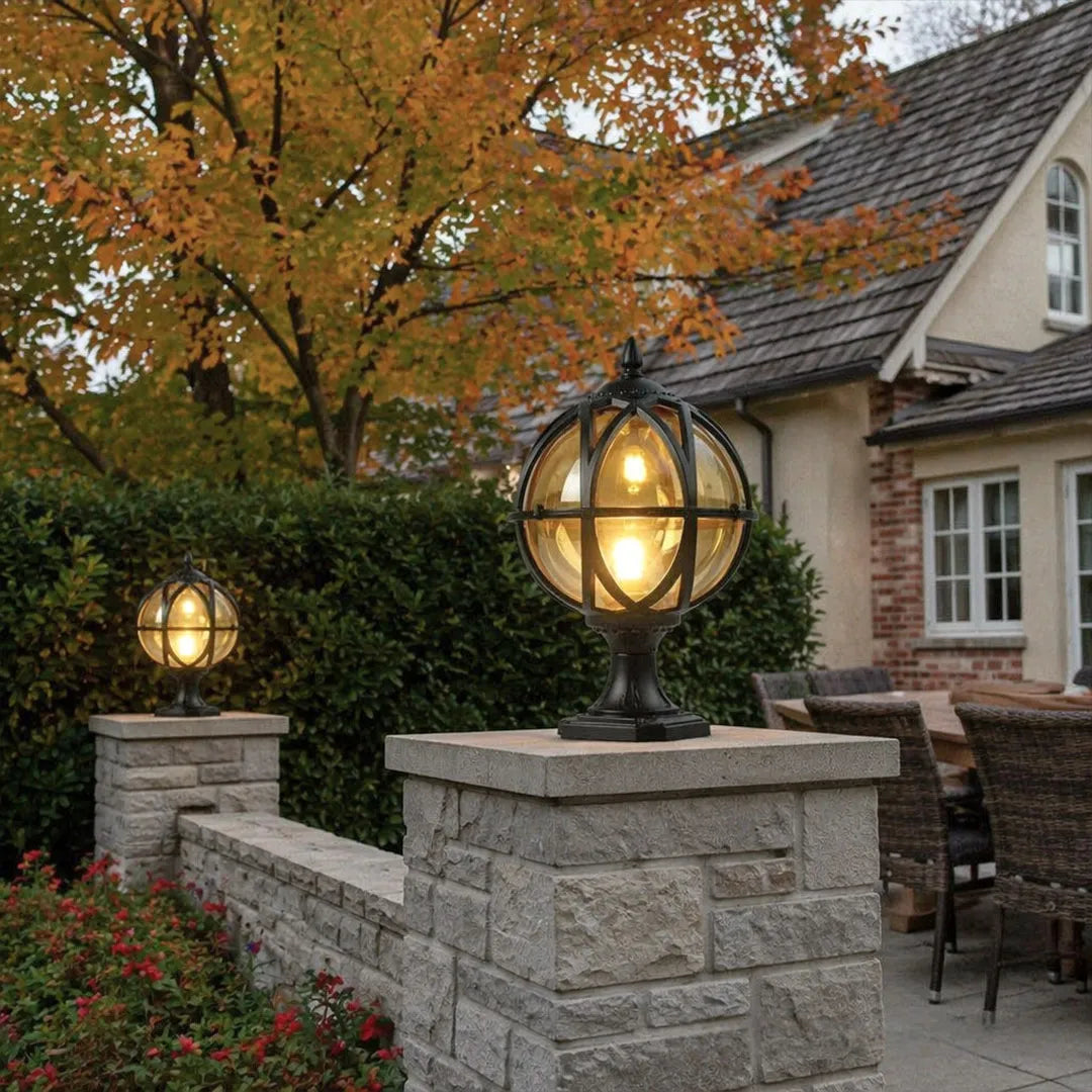 Globe Post Light, European Glass and Aluminum Waterproof Pillar Lantern for Gate Posts and Driveways, Black or Bronze Finish