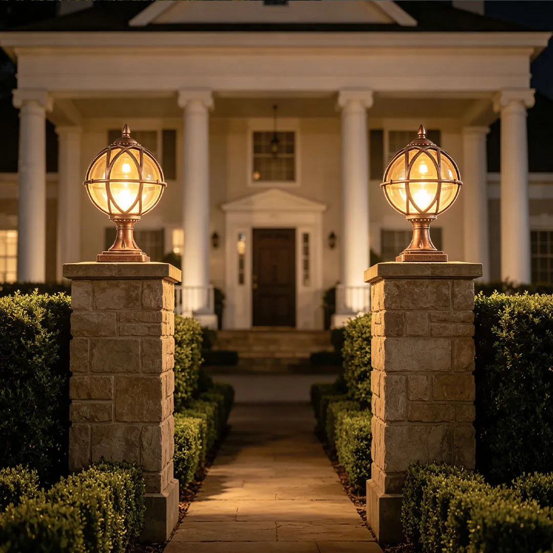 Globe Post Light, European Glass and Aluminum Waterproof Pillar Lantern for Gate Posts and Driveways, Black or Bronze Finish