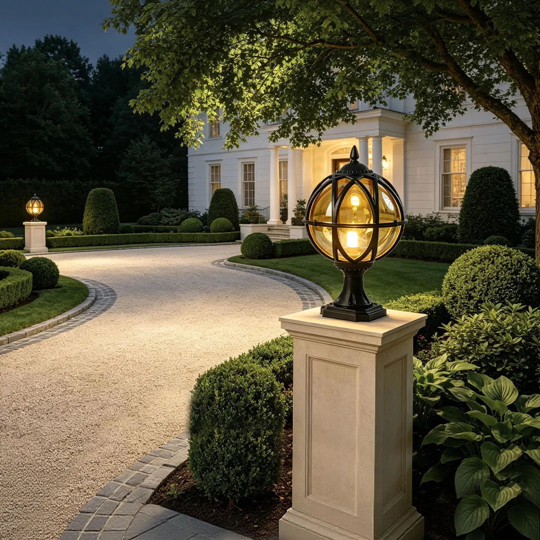 Globe Post Light, European Glass and Aluminum Waterproof Pillar Lantern for Gate Posts and Driveways, Black or Bronze Finish