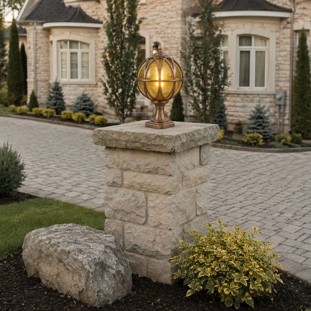 Globe Post Light, European Glass and Aluminum Waterproof Pillar Lantern for Gate Posts and Driveways, Black or Bronze Finish