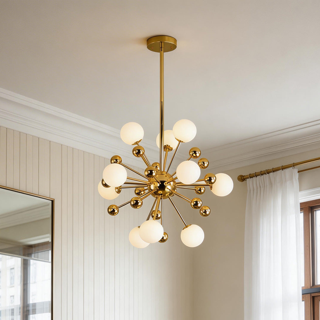 Gold sputnik chandelier with frosted glass globes